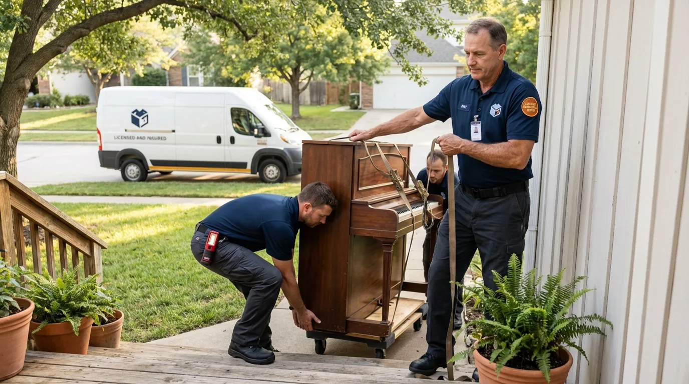 Licensed piano movers securing grand piano in West Stockbridge, MA