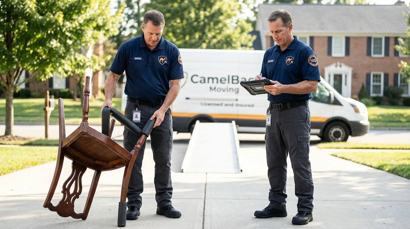 Movers inspecting furniture for damage prevention before loading in West Stockbridge, MA