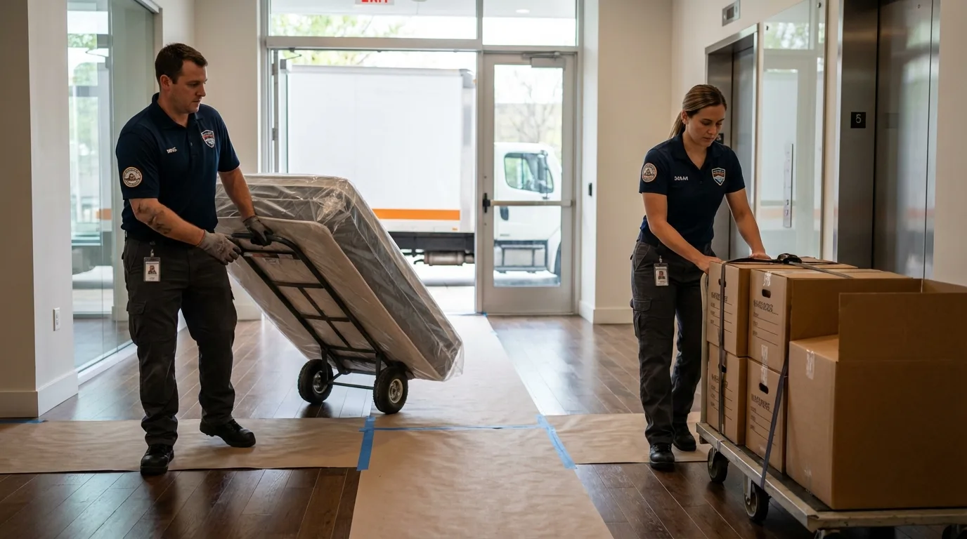 Professional apartment movers loading elevator in West Stockbridge, MA