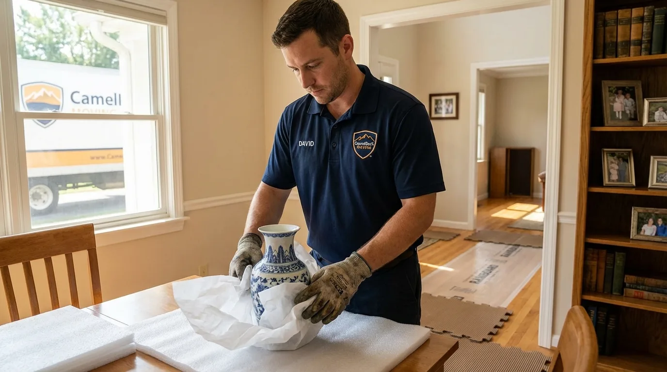 Professional crew carefully wrapping antique vase for senior downsizing move in West Stockbridge, MA